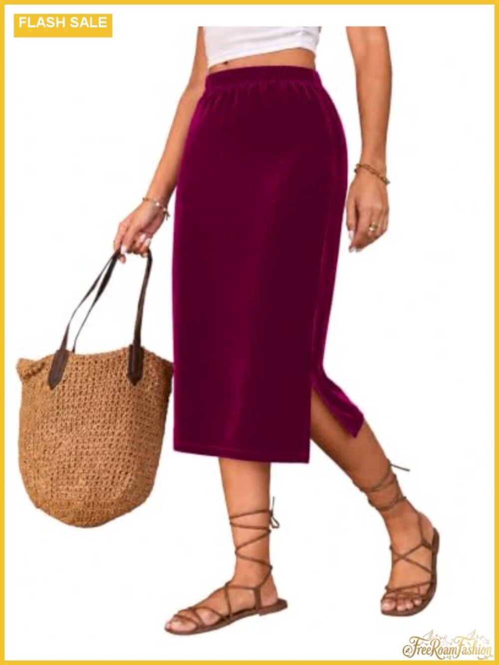 Velvet Midi Skirt High Waist Straight Side Slit Pull-On